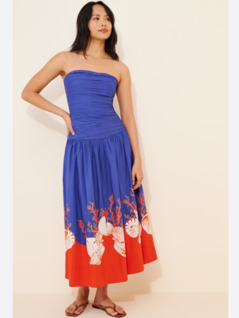 Carolina K Malla Blue & Red Coastal Print Strapless Dress